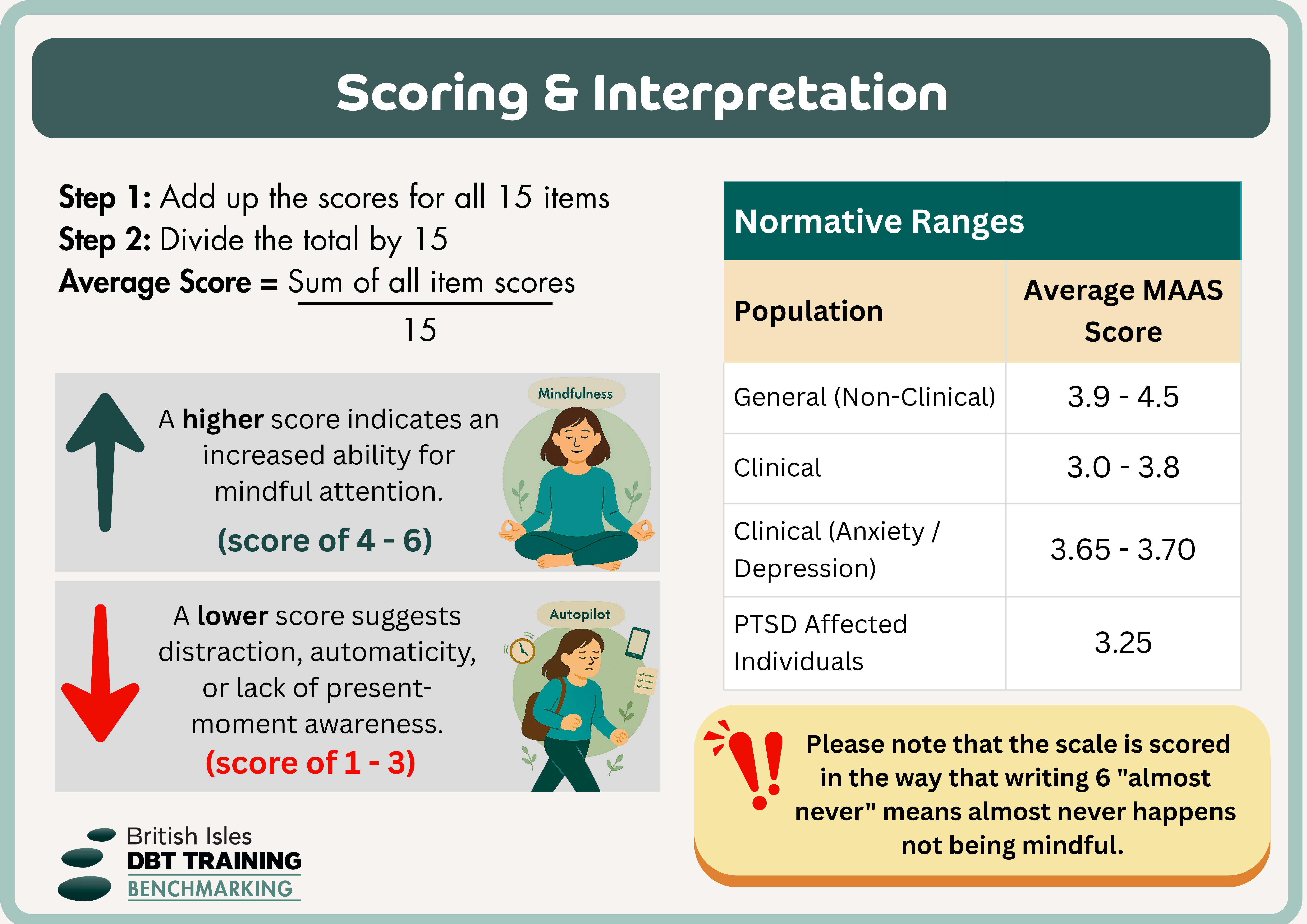 MAAS flashcard — back side: psychometric properties and benchmark reference ranges